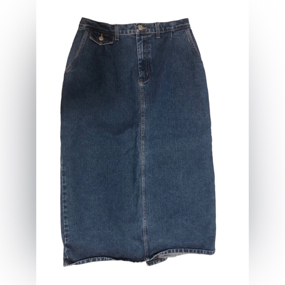 VTG Denim Midi Skirt Sz. 14 Modesty 100% Cotton Minimalist Back Split Runs Small - Picture 1 of 6